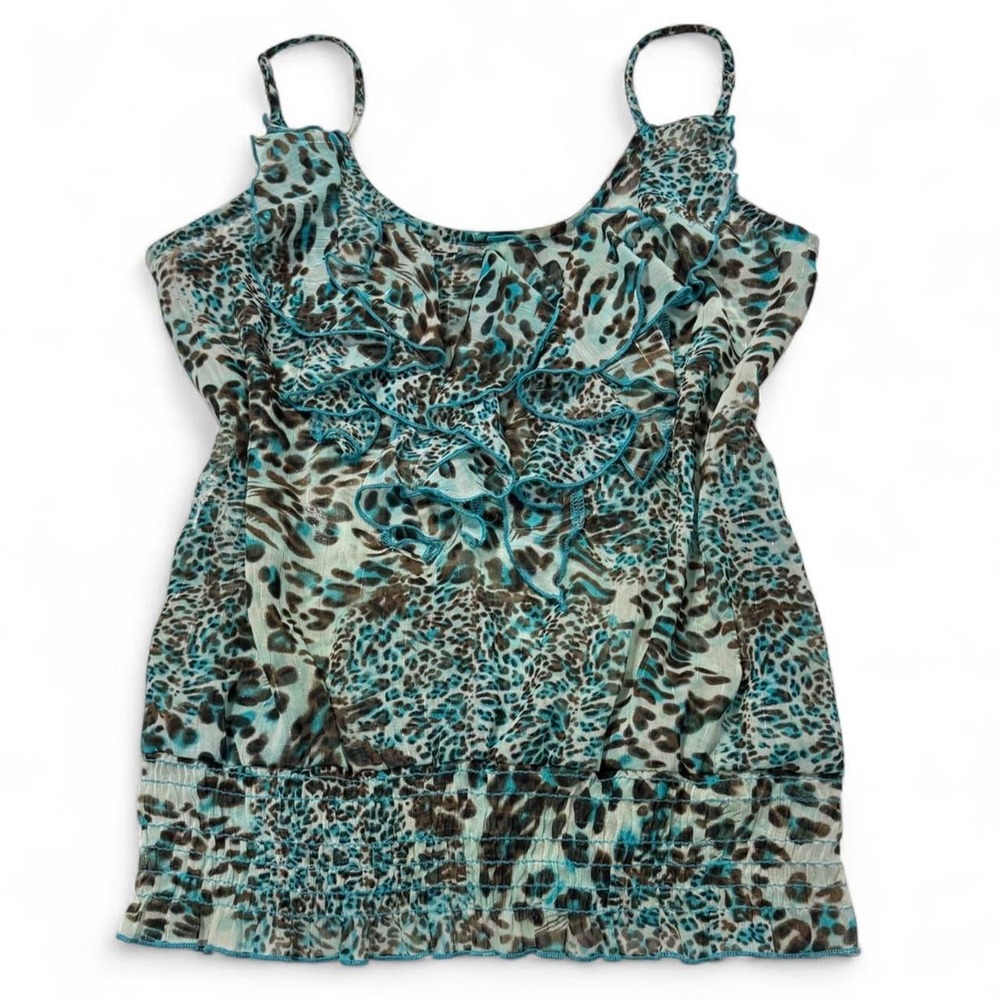 Y2K Teal Brown Leopard Print Ruffle Cami Bubble Top XS